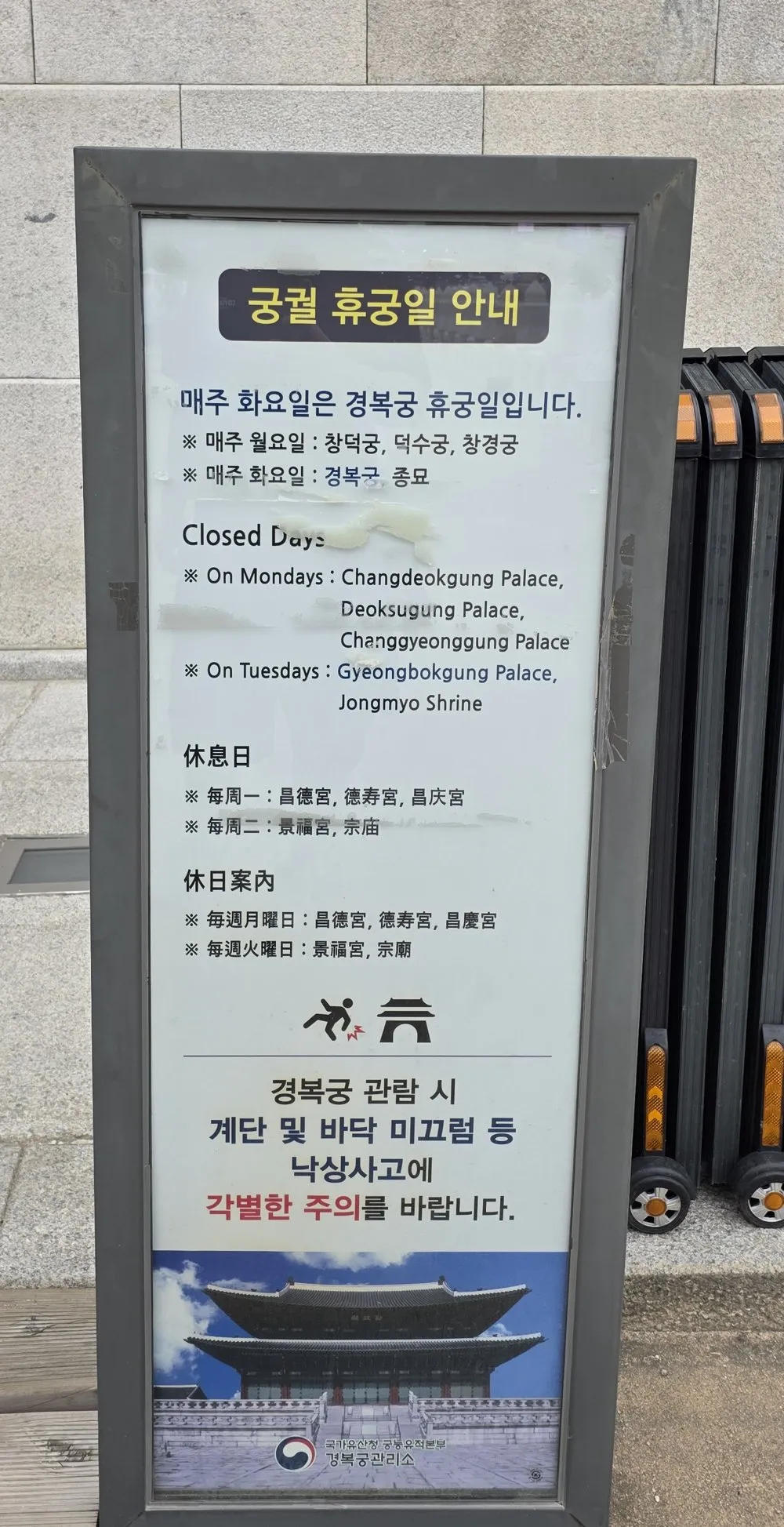 A signboard headed Palace Closed Days, listing Changdeokgung, Deoksugung and Changgyeonggung as closed on Mondays and Gyeongbokgung and Jongmyo Shrine as closed on Tuesdays, in Korean, English, Chinese and Japanese
